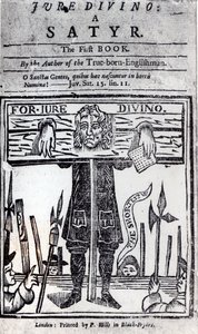 Página de rosto do primeiro livro de Jure Divino - Um Sátiro de Daniel Defoe (1660-1731) publicado em 1706 de English School