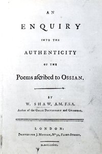 Página de rosto de um inquérito sobre a autenticidade dos poemas atribuídos a Ossian por William Shaw, publicado em 1781 (impresso) de English School