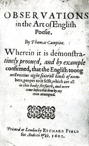 Página de rosto para observações na arte da poesia inglesa por Thomas Campion, publicado em 1602 (impresso) de English School