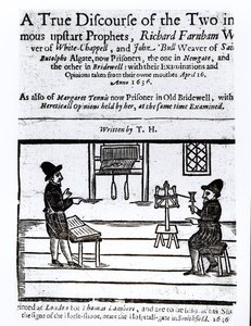 Página de rosto de um verdadeiro discurso dos dois profetas infames, Richard Farnham, Weaver, de White-Chapel, e John Bull, Weaver, de Saint Botolphs, Algate por TH 1636