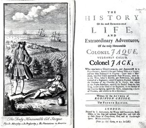 Página de rosto e frontispício para a história da vida mais notável e aventuras extraordinárias do verdadeiramente honrado coronel Jaque por Daniel Defoe, 1738 de English School