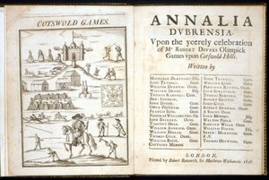 Página de título de Annalia Dubrensia: Após a celebração do Sr. Robert Dovers Olimpick Games em Cotswold Hills, 1636 de English School