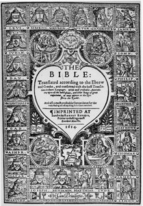 Página de rosto para a tradução inglesa da Bíblia de Genebra, 1614 de English School