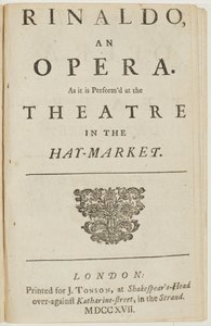 Página de rosto do libreto da ópera de Handel "Rinaldo", de Giacomo Rossi, 1717 de English School