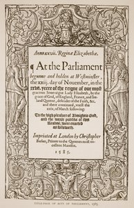 Página de título de Atos do Parlamento, impresso por Christopher Barker (1528-99), 1585 (foto sépia) de English School
