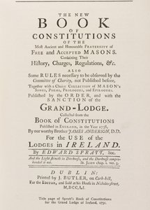 Página de rosto do Livro de Constituições Spratts para a Grande Loja na Irlanda, 1751 de English School