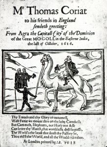 Página de rosto de Thomas Coryats postumamente impresso conta de suas viagens na Índia, publicado em Londres, 1618 (papel impresso e xilogravura) de English School
