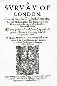 Página de rosto de A Survey of London, de John Stow, publicado em 1598 (impresso)