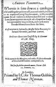 Página de título para Amoroso Fiammetta por Giovanni Boccaccio, tradução inglesa publicada em 1587