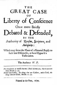 Página de título para O Grande Caso da Liberdade de Consciência, de William Penn, publicado em 1670 de English School