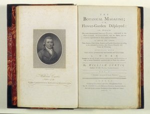Página de título com retrato de William Curtis (1749-99), de The Botanical Magazine ou Flower-Garden Displayed, de William Curtis, publicado em 1790 de English School