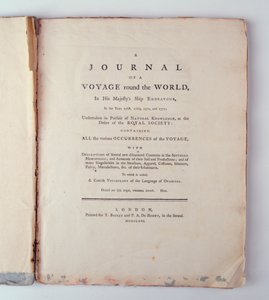 Titlepage de um jornal de uma viagem ao redor do mundo em sua Majestade Ship Endeavour nos anos 1768, 1779, 1770 e 1771, publicado em Londres, 1771 (impressão) de English School
