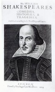Titlepage of &39;Mr. Comédias, histórias e tradições de William Shakespeares, gravadas por Martin Droeshout, 1623 de English School