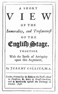 Titlepage para uma breve visão da imoralidade e Profaneness do Inglês Stage por Jeremy Collier, 1698 (impresso) de English School