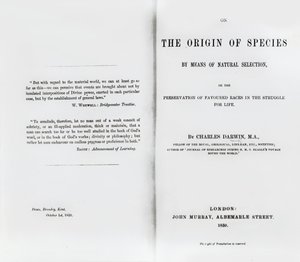 Página do título sobre a origem das espécies, de Charles Darwin, publicada em 1859 de English School