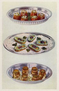 Cremes de tomate; Gôndolas de anchovas; Camarão em gelatina (litografia a cores) de English School