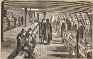 Plataforma superior do navio de hospital de Unite, unido aos hulks em Woolwich, ilustração das prisões criminosas de Londres e cenas da vida da prisão por Henry Mayhew e por John Binny, bar. 1862 (engravin de English School