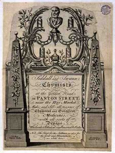 Cartão comercial para Siddall e Swann, Chemists, no Golden Head, Panton Street, Londres (gravura) de English School