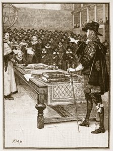 Julgamento de Charles, ilustração de História ilustrada de Cassells da Inglaterra (foto sépia) de English School
