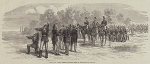 Ensaios de uma nova espingarda de cavalaria francesa no campo de Chalons (gravura) de English School