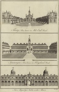 Trinity Almshouses em Mile End Road, Ironmongers Almshouses em Kingsland Road e His Majestys Stables em Mews, Londres de English School