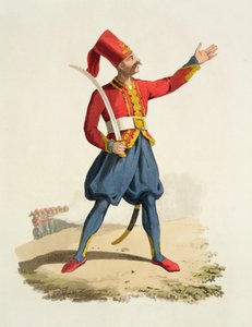 Soldado turco, de trajes das várias nações, volume VII, o traje militar da Turquia, por Thomas MacLean, publicado em c.1800-18 (aquatinta colorido à mão) de English School
