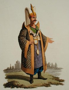 Guerreiro turco, de "Costumes das Várias Nações", Volume VII, "O Traje Militar da Turquia", de Thomas MacLean, publicado c.1800-18 (aquatint colorido à mão) de English School