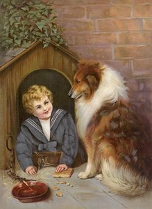 Turned Out - Rapaz a fingir que é um cão Collie (litografia a cores) de English School