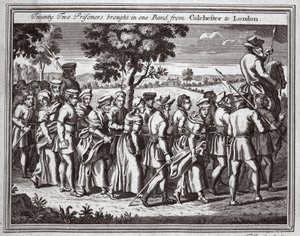 Vinte e dois prisioneiros trouxeram uma banda de Colchester para Londres, ilustração da Foxes Martyrs c.1703 de English School