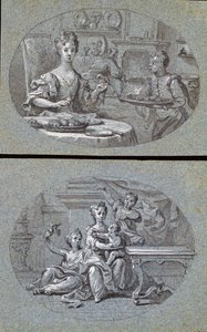 Duas cenas domésticas, c.1725 (giz preto e branco em papel azul) de English School