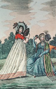 Duas senhoras elegantes em um jardim, c.1800 (gravura de cor) de English School