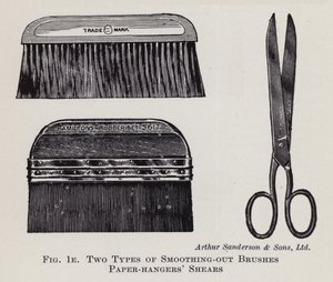 Dois tipos de escovas alisadoras, tesouras para pendurar papel (litho) de English School
