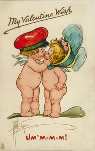 Dois querubins a beijarem-se (litografia a cores) de English School