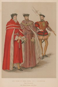 Dois pares em suas vestes e um Halberdier na era elizabetana de English School