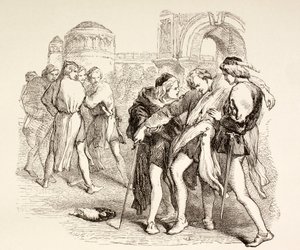 Tybalt é fatalmente ferido por Romeo, ilustração de Romeu e Julieta, de "The Illustrated Library Shakespeare", publicado em Londres em 1890. de English School