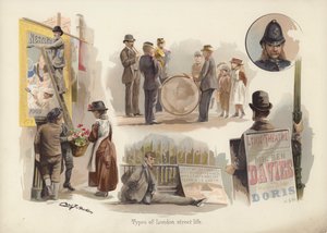 Tipos de vida nas ruas de Londres: carteiros, vendedores de flores, músicos, mendigos, vendedores de sandes, polícias (cromolitografia) de English School