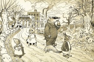 Animais não identificados dos desenhos animados, incluindo o esquilo, texugo, toupeira e coelho de English School