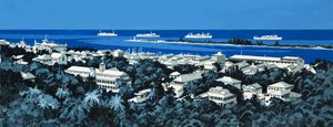 Costa não identificada com a aldeia e barcos no horizonte de English School