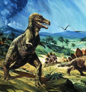 Cena de dinossauro não identificada com T-Rex e Stegasaurus de English School