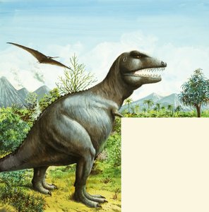 Cena de dinossauro não identificada com T Rex e Pterodáctilo de English School