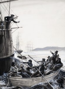 Marinheiros não identificados (amotinados) em barco a remo com o capitão agitando o punho de English School
