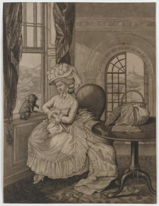 Sem título (mulher sentada na janela de um cachorro pequeno), c.1780 (mezzotint) de English School