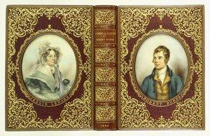 Capas superiores e inferiores, e lombada, com retratos ovais de Robert Burns e Jessie Lewars de English School