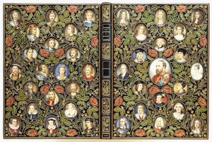 Capas superiores e inferiores com 39 retratos em miniatura de English School