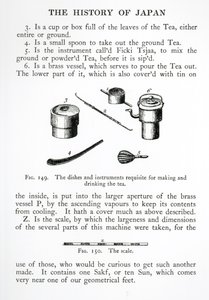 Utensílios usados em cerimônias de chá japonesas, da History of Japan, de Engelbert Kaempfer (1651-1716), publicado em 1727 de English School