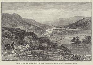 Vale da Dee, Braemar, com Mar Lodge, a Sede Alta do Duque e Duquesa de Fife (gravura) de English School