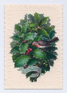 Cartão de Natal e Ano Novo vitoriano de um robin num ramo de folhas de azevinho, c.1880 (cor litho) de English School