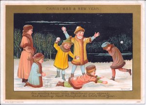 Cartão de Natal e Ano Novo vitoriano de crianças brincando na neve e jogando bolas de neve, c.1880 (cor litho) de English School