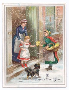 Cartão de Ano Novo vitoriano de uma empregada segurando uma menina enquanto ela compra flores de um vendedor de flores na neve que cai, c.1880 (cor litho) de English School
