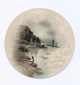 Cartão de Ano Novo circular vitoriano de uma paisagem marítima com dois iates numa noite de luar, c.1880 (cor litho) de English School